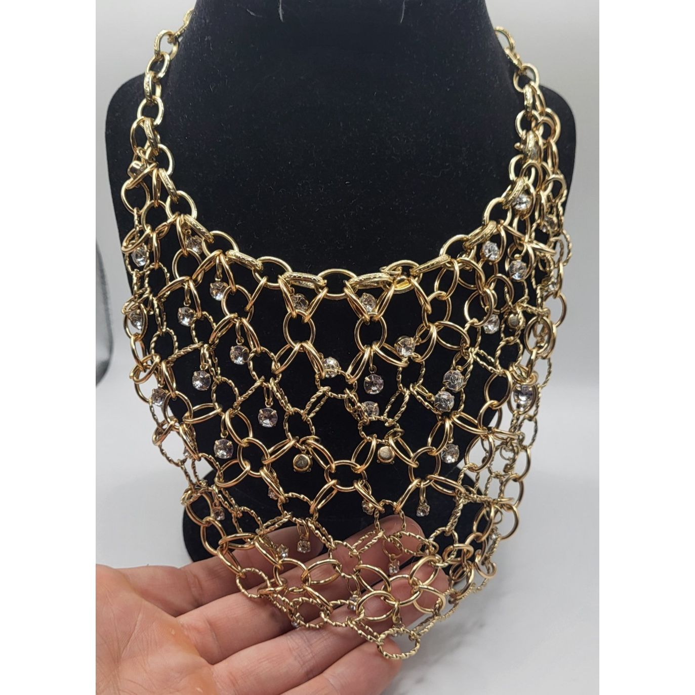 J Lo Vintage Gold Tone Chainmail Bib Necklace Crystal Embellishments Y2k 18in 26$